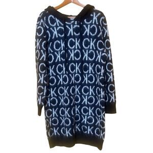 Calvin Klein Branded Hooded Long Sweater Black & White Fuzzy Cozy Sz L NWOT